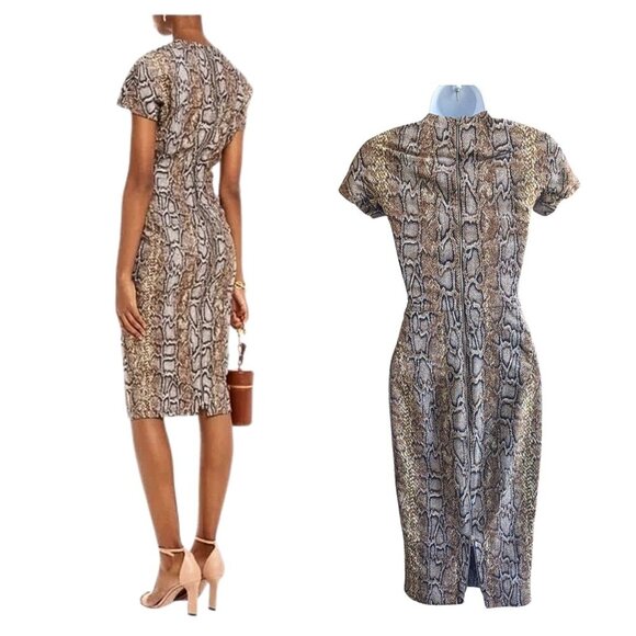 VICTORIA BECKHAM Brown Snake Jacquard Sheath Midi Dress Cap Sleeve Sz UK 8/US 4 - Picture 9 of 10